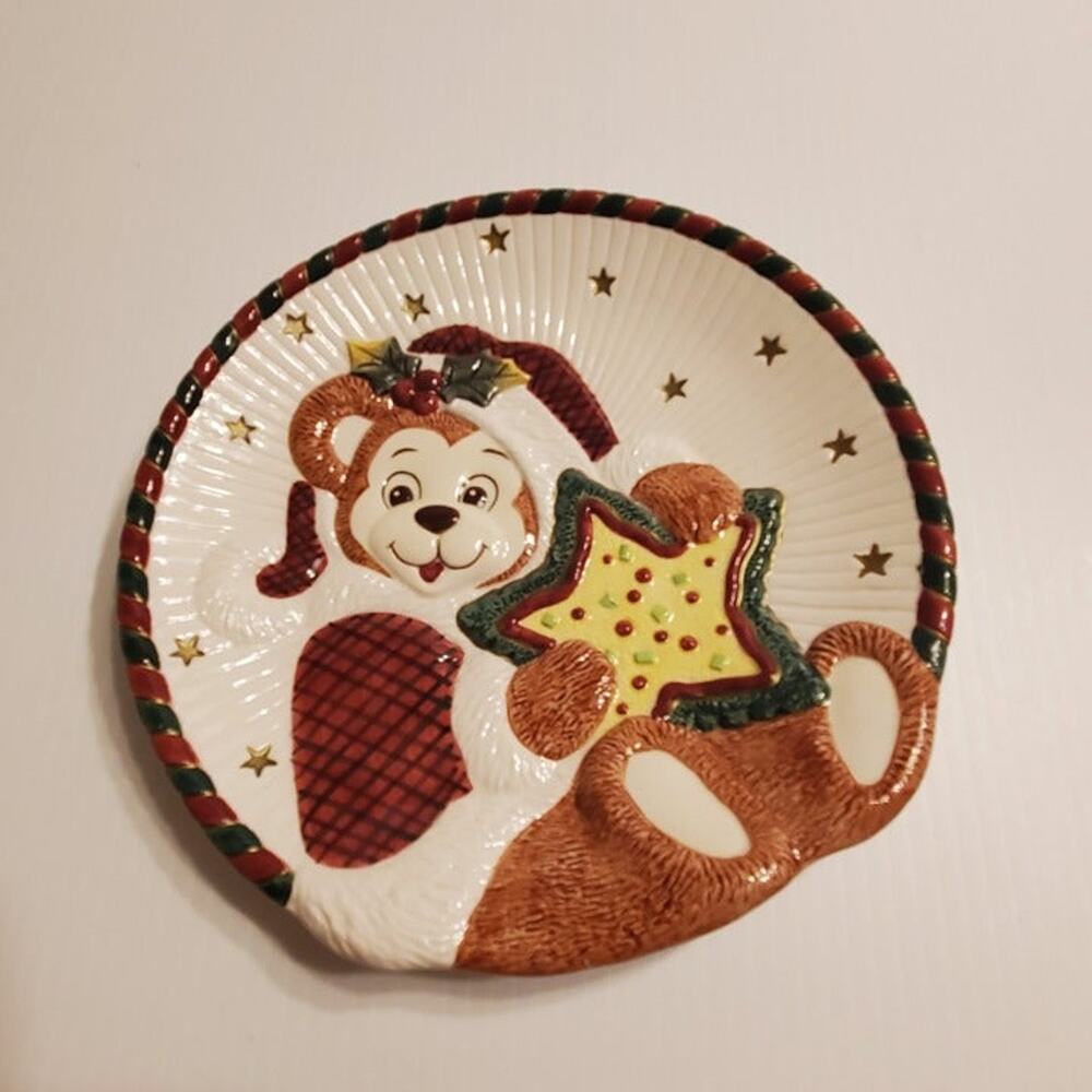 Fitz and Floyd  Essentials Teddy Bear Christmas Ceramic Plate Rare Vintage.